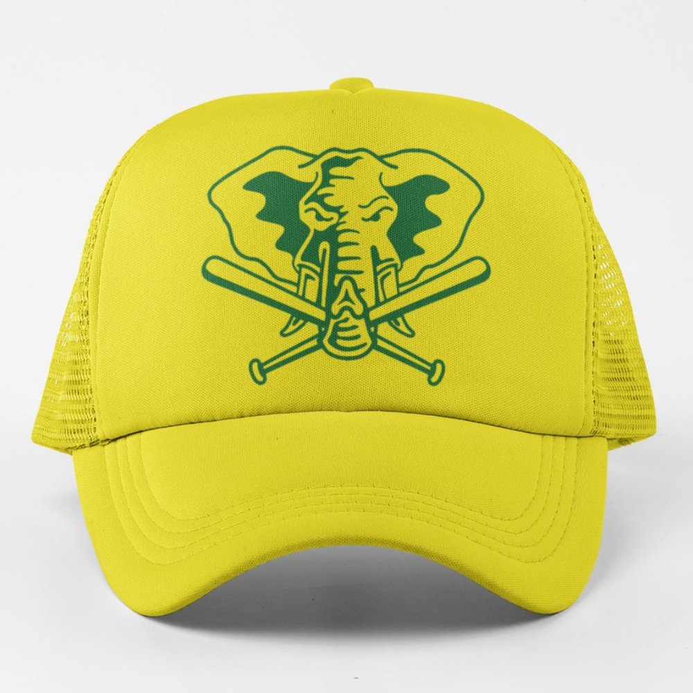 NEW Oakland Athletics Elephant Cross Bat Logo Foam Trucker Snapback Hat YELLOW